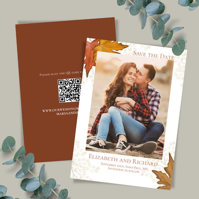 Höst löv Photo Bröllop spara datum Datumet (Watercolor fall leaves elegant save the date photo cards.)