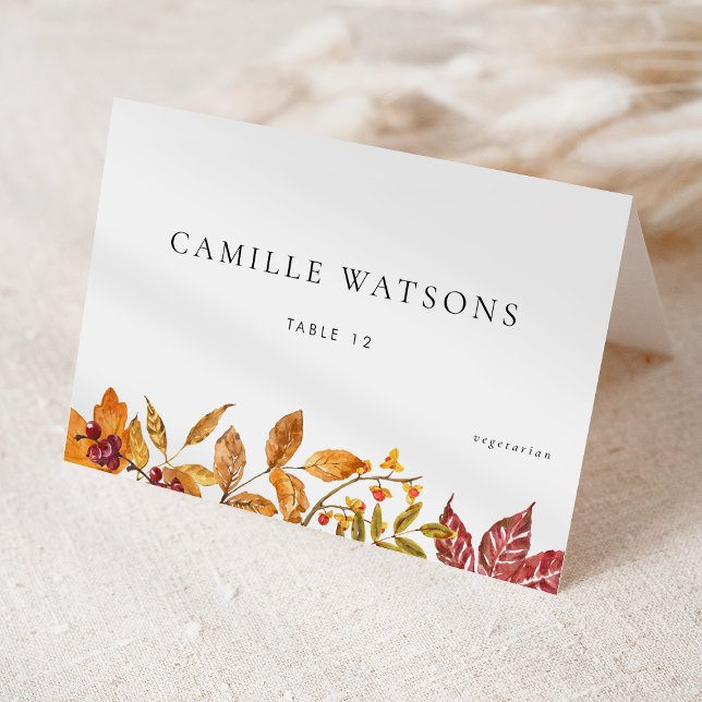 Höst löv Plats för val av bröllopsmål Bordsnummer (Customizable Fall Wedding Place Card with Meal Choice featuring Watercolor Autumn Foliage)
