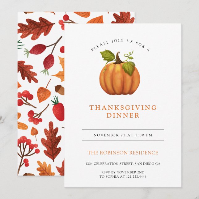 Höst löv Pumpkin Thanksgiving Dinner Inbjudningar (Fram/baksida)