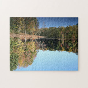 Höst löv reflekterar i foto från Blå Vatten Färg Pussel