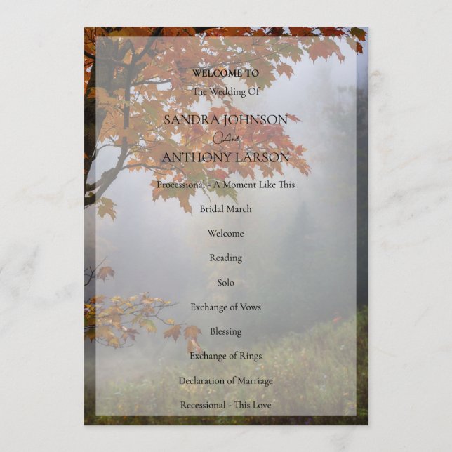 Höst löv Rustic Bröllopsprogram Program (Framsida)