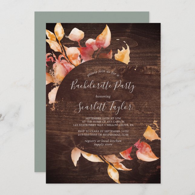 Höst löv | Rustic Brown Wood Bachelorette Inbjudningar (Fram/baksida)