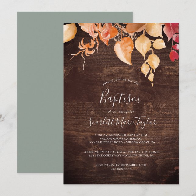 Höst löv | Rustic Brown Wood Baptism Inbjudningar (Fram/baksida)