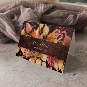 Höst löv Rustic Brown Wood Bröllop-ortskort Bordsnummer