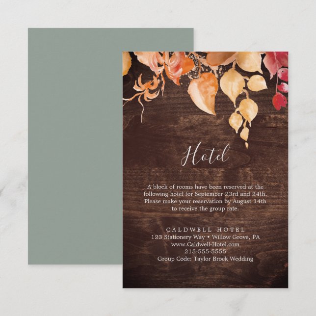 Höst löv Rustic Brown Wood Hotel-visitkort Tilläggskort (Fram/baksida)