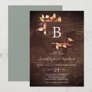 Höst löv Rustic Brown Wood Monogram Bröllop Inbjudningar