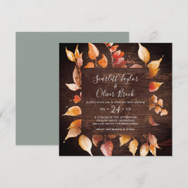 Höst löv | Rustic Brown Wood Square Bröllop Inbjudningar