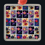 Höst löv Rustic Patchwork Quilt Collage Julgransprydnad Metall<br><div class="desc">Vackert lövlappsverk av höst löv och torkade blommor. Digitalgrafik med anpassningsbar ger en fantastisk färgstark visning. Perfekt för gåva ge eller för att dekorera din egen omgivning.</div>