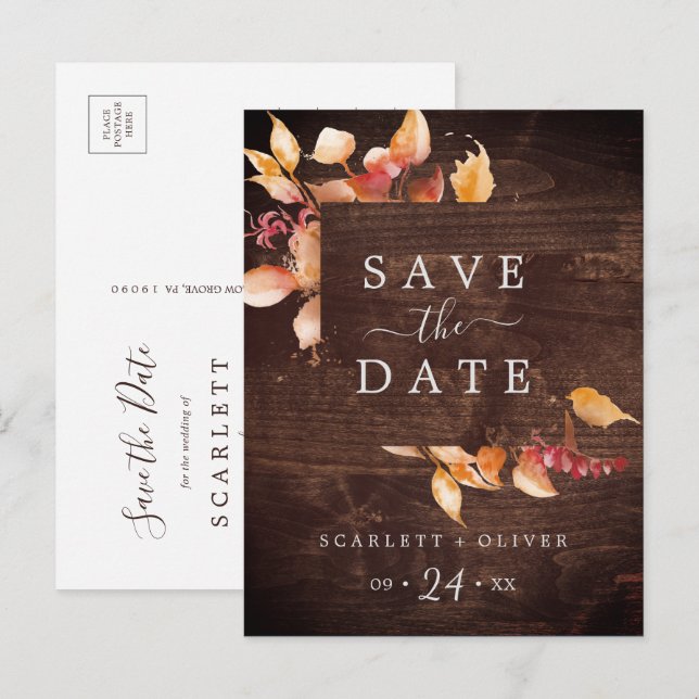 Höst löv | Rustic Wood Save Date Postcard Inbjudan Vykort (Fram/baksida)