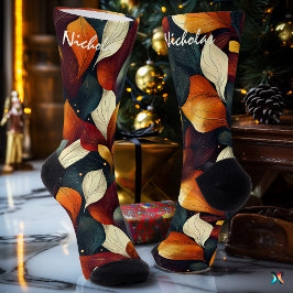 Höst löv Socks i Burgundy, Guld och Grönt