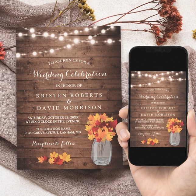Höst löv String Ljus Rustic Fall Wedding Inbjudningar (Set the tone for your special day with this unique and customizable design.)
