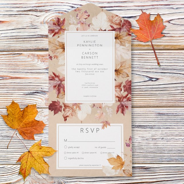 Höst löv tandedräkt Alla (Rustic Wreath of Fall Leaves Tan Dinner All All In One Invitation)