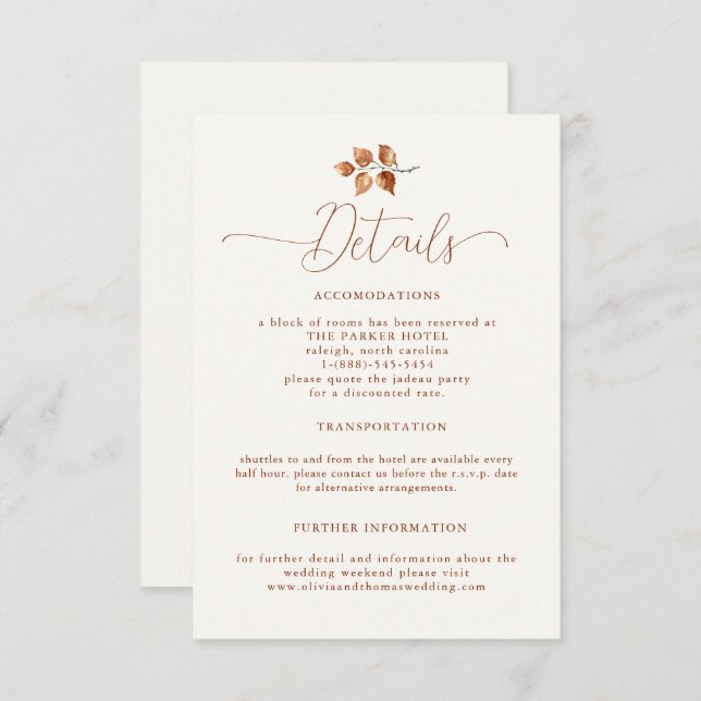 Höst löv Terracotta Elegant bröllop Tilläggskort (Fram/baksida)