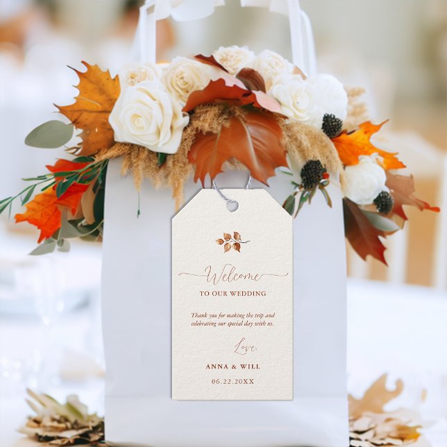 Höst löv Terracotta Elegant bröllop Välkommen Presentetikett (autumn fall wedding welcome tag leaves foliage terracotta calligraphy elegant bohemian simple classy)