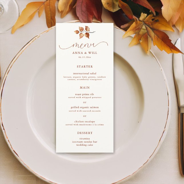 Höst löv Terracotta Elegant Chic  Fall Wedding Meny (autumn leaves fall wedding menu card watercolor terracotta elegant romantic calligraphy simple class)
