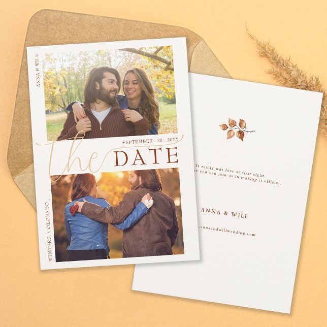 Höst löv Terracotta Modern Fall bröllopsfoto Spara Datumet (Autumn Leaves Fall Wedding Photo Save the Date Elegant Modern Calligraphy Terracotta Foliage Orange)