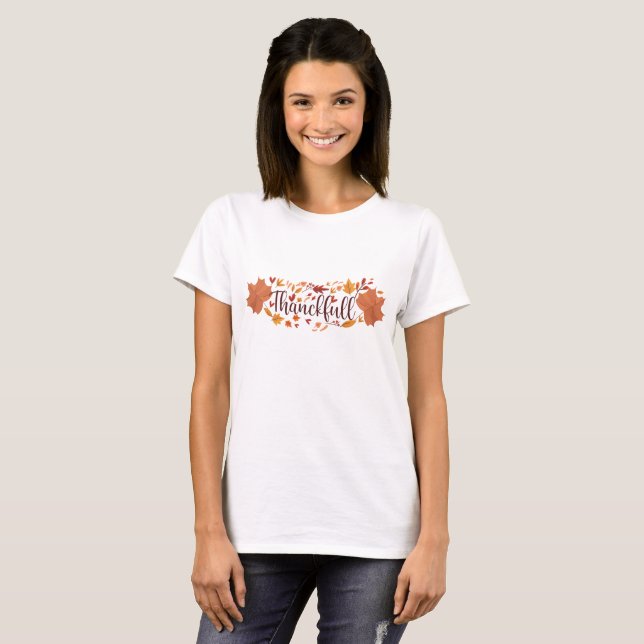 Höst löv Thankfull trendig och Pumpkin T Shirt (Hel framsida)