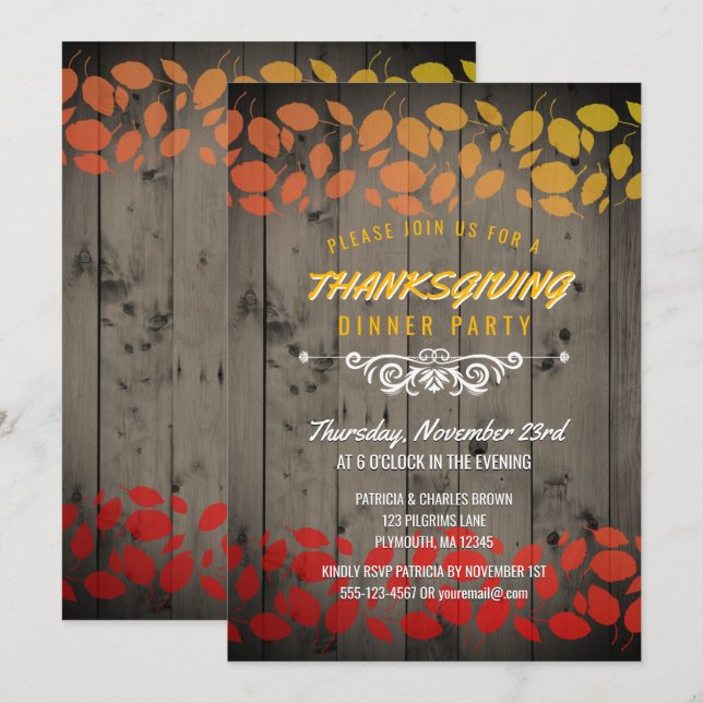 Höst löv Thanksgiving Dinner Rustic Barnwood Inbjudningar (Fram/baksida)