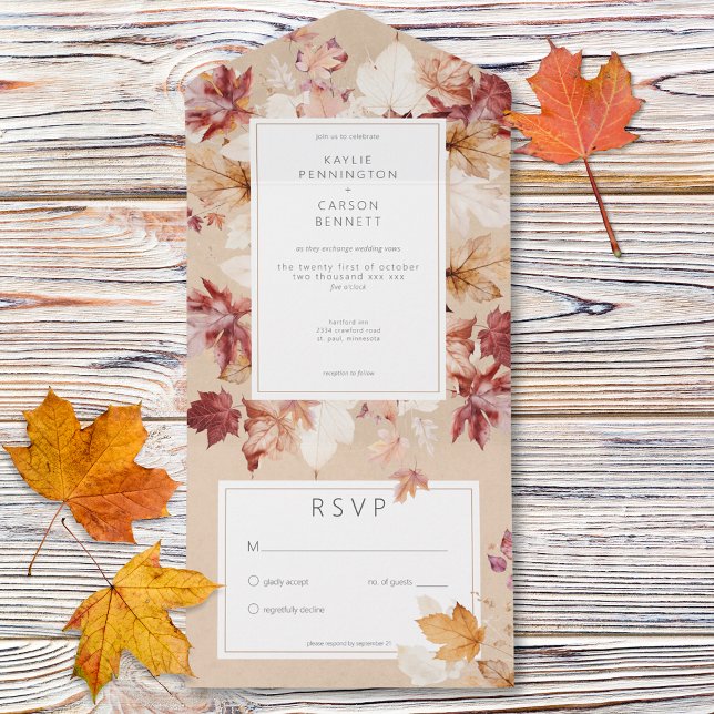 Höst löv utandning utan mat (Rustic Wreath of Fall Leaves Tan No Dinner All In One Invitation)