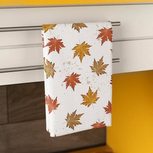 Höst löv vattenfärgen Mönster Kökshandduk (Fall autumn leaves pattern gold and brown kitchen towel.)