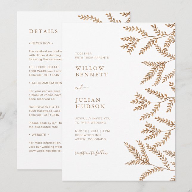 Höst löv Watercolor Bröllop alla i ett Inbjudningar (Fram/baksida)