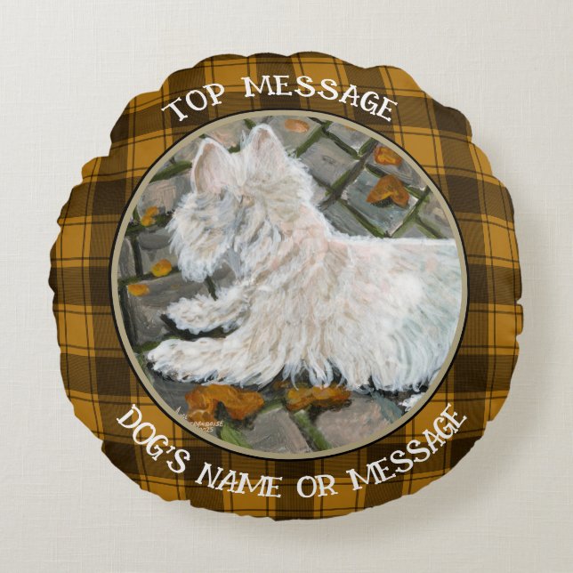 Höst löv Westie på Patio Rund Kudde (Framsidan)