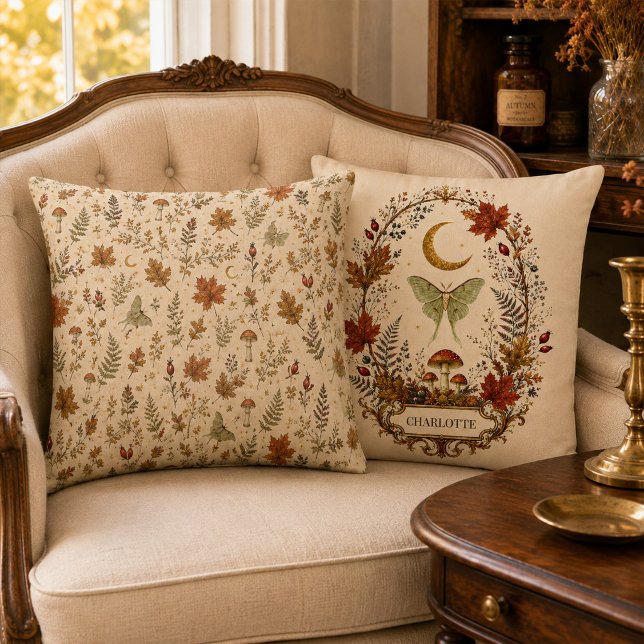 Höst Luna Moth Svamp Botanisk Mönster Kudd Kudde (Autumn Luna Moth Mushroom Botanical Pattern Pillow)