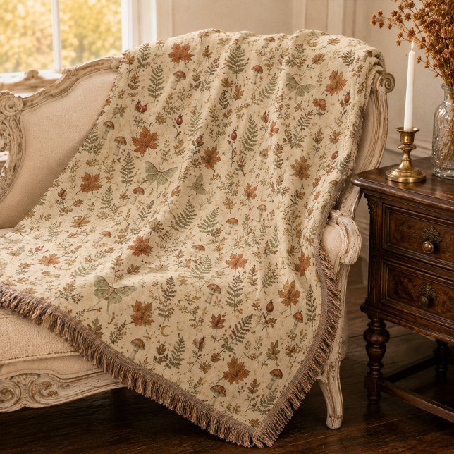 Höst Luna Moth Svamp Trollkarl Botanisk  Filt (Autumn Luna Moth Mushroom Witchy Botanical Throw Blanket)