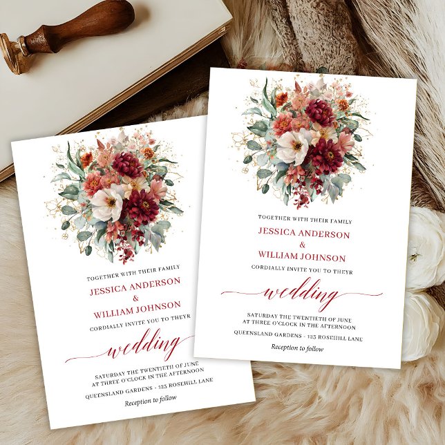 Höst Marin Blommig Boho Eukalyptus Bröllop  Inbjudningar (Autumn Maroon Floral Boho Eucalyptus Wedding Invitation

)