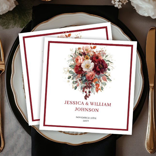 Höst Marin Blommig Boho Eukalyptus Bröllopsservett Pappersservett (Autumn Maroon Floral Boho Eucalyptus Wedding Napkins

)
