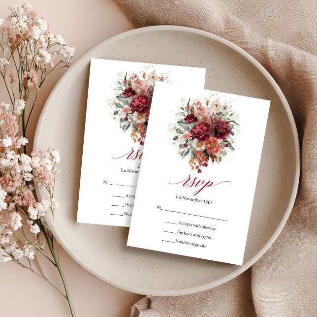 Höst Marin Blommig Boho Eukalyptus RSVP-kort OSA Kort (Autumn Maroon Floral Boho Eucalyptus RSVP Card

)