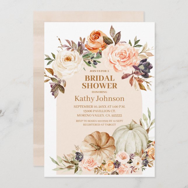 Höst Modern Båg Pumpa Blommig Bröllopsfest Inbjudningar (Fram/baksida)