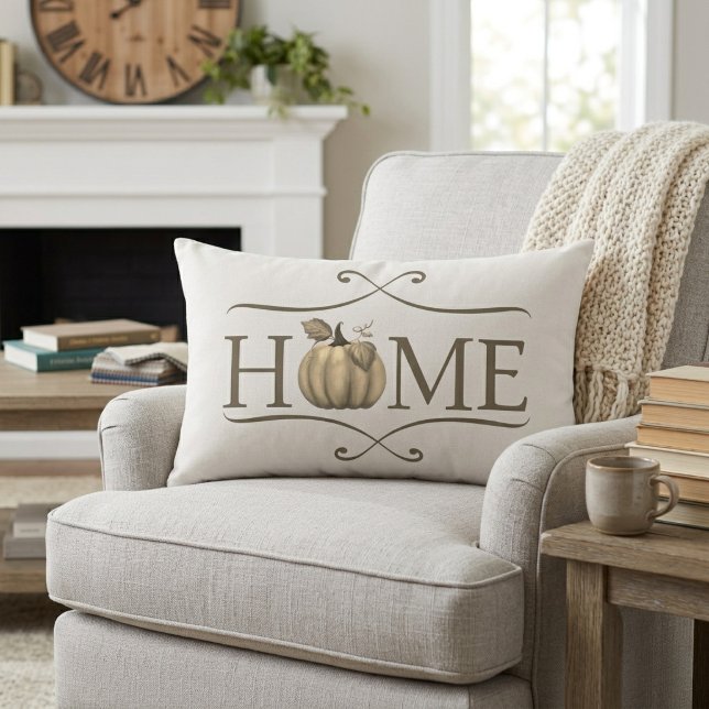 Höst Modernt lantbrukarhem HEM-citat med pumpa Lumbarkudde (Fall Modern Farmhouse HOME quote with Pumpkin Lumbar Pillow)