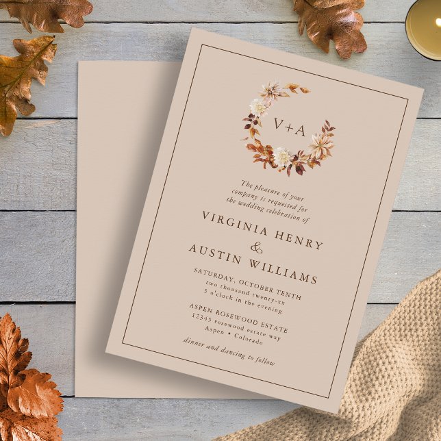 Höst Monogram Bröllop Inbjudningar (Taupe Fall Floral Wreath Monogrammed Wedding Invitation by Painted Paperie
)
