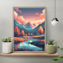 Höst Natur Landskap Flod Berg Och Träd Poster