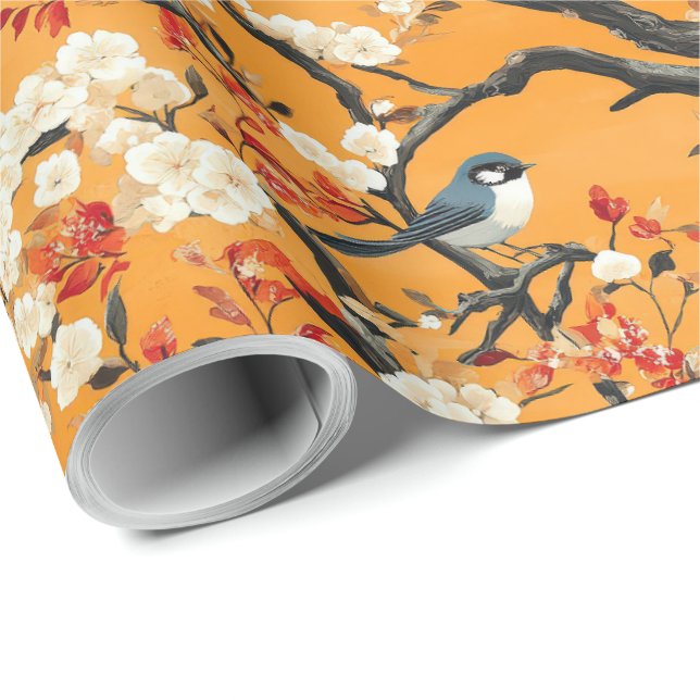 Höst Orange Blommor Fåglar Chinoiserie Presentpapper (Rullad Hörn)