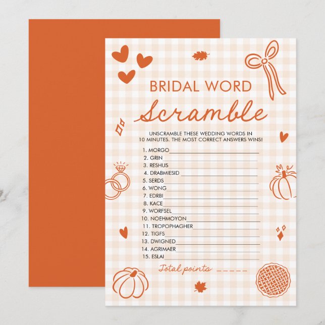 Höst Orange Gingham Bröllordslek med Bokstavsbland Inbjudningar (Fram/baksida)