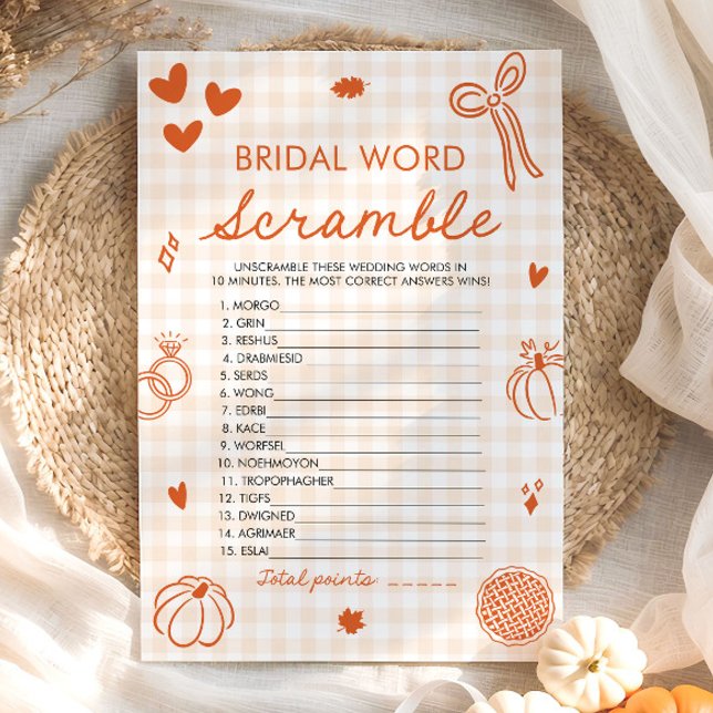 Höst Orange Gingham Bröllordslek med Bokstavsbland Inbjudningar (Fall Orange Gingham Bridal Word Scramble Game)