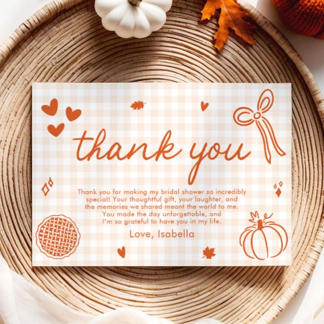 Höst Orange Gingham Handritad Båge Tacksamhetskort Inbjudningar (Fall Orange Gingham Hand Drawn Bow Thank you card)