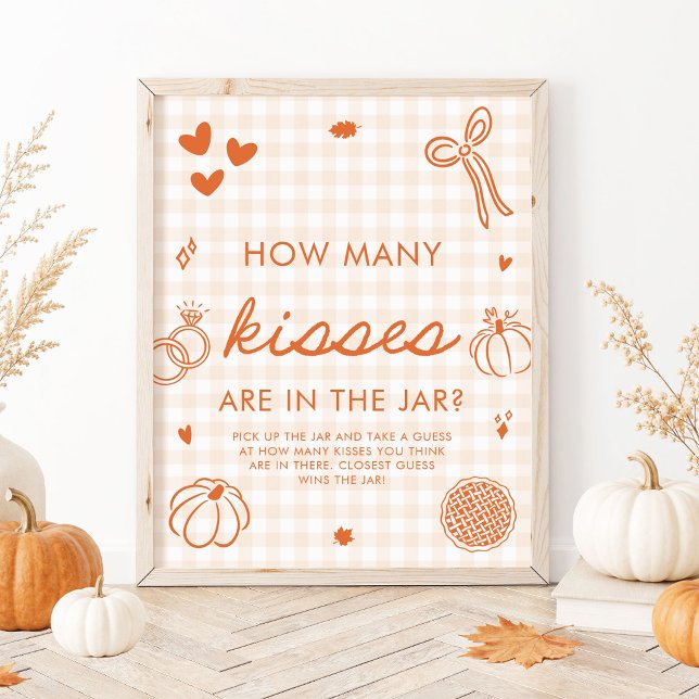 Höst Orange Gingham Handritad Gissa Hur Många Kyss Poster (Fall Orange Gingham Hand Drawn How Many Kisses Game Sign)