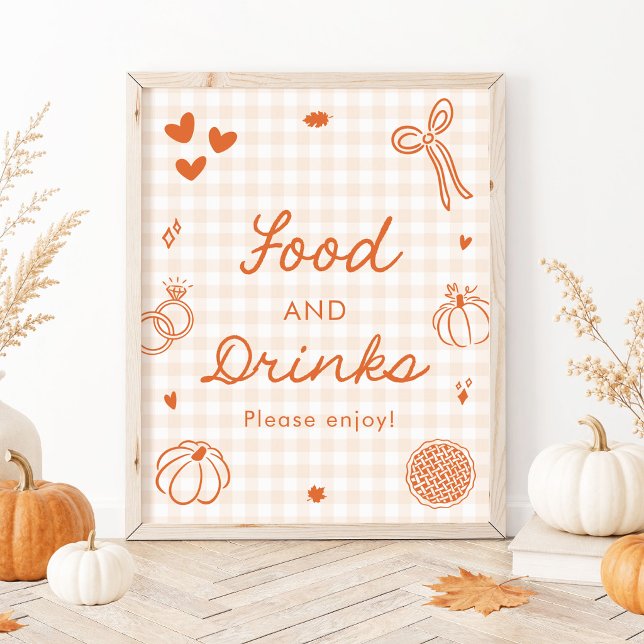 Höst Orange Gingham Handritad Mat och Dryck Poster (Fall Orange Gingham Hand Drawn Food and Drinks Sign)