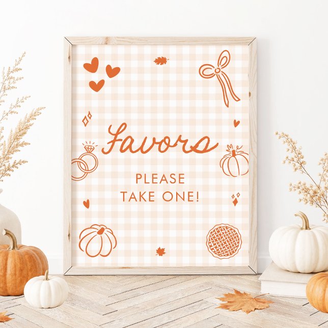 Höst Orange Gingham Handritad Tacksamhetsskylt Poster (Fall Orange Gingham Hand Drawn Favors Sign)