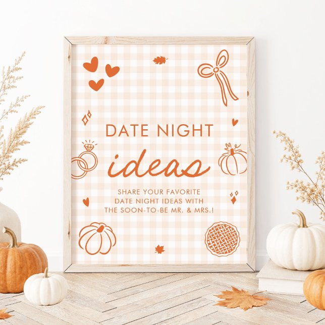Höst Orange Gingham Handritade Datum Natt Idéer Poster (Fall Orange Gingham Hand Drawn Date Night Ideas)