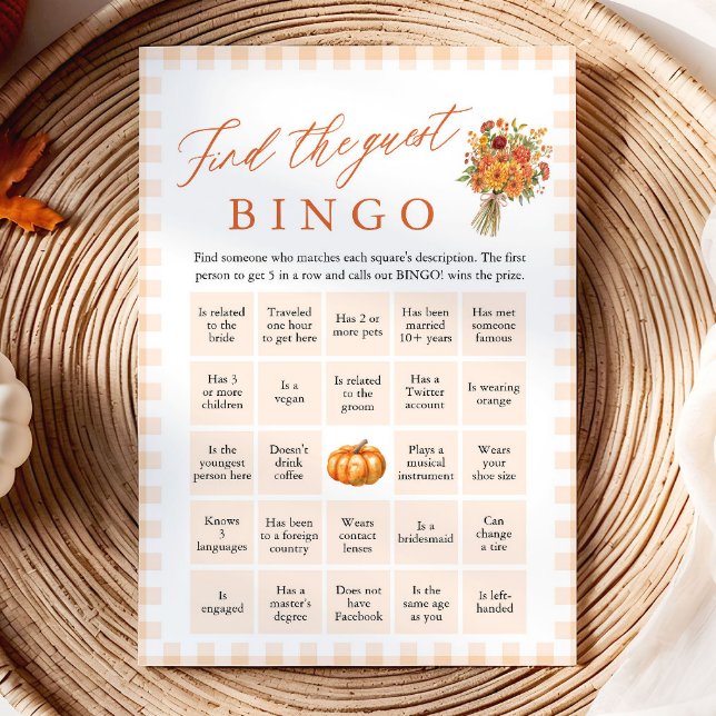Höst Orange Gingham Hitta Gäst Bingo Spel Inbjudningar (Fall Orange Gingham Find the Guest Bingo Game)