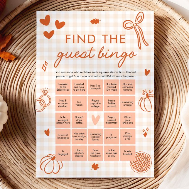 Höst Orange Gingham Hitta Gäst Bingo Spel Inbjudningar (Fall Orange Gingham Find the Guest Bingo Game)