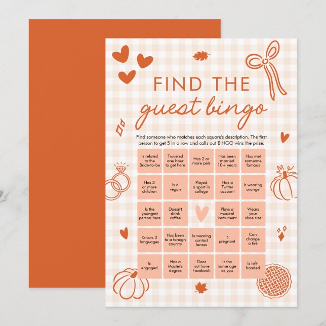 Höst Orange Gingham Hitta Gäst Bingo Spel Inbjudningar (Fram/baksida)