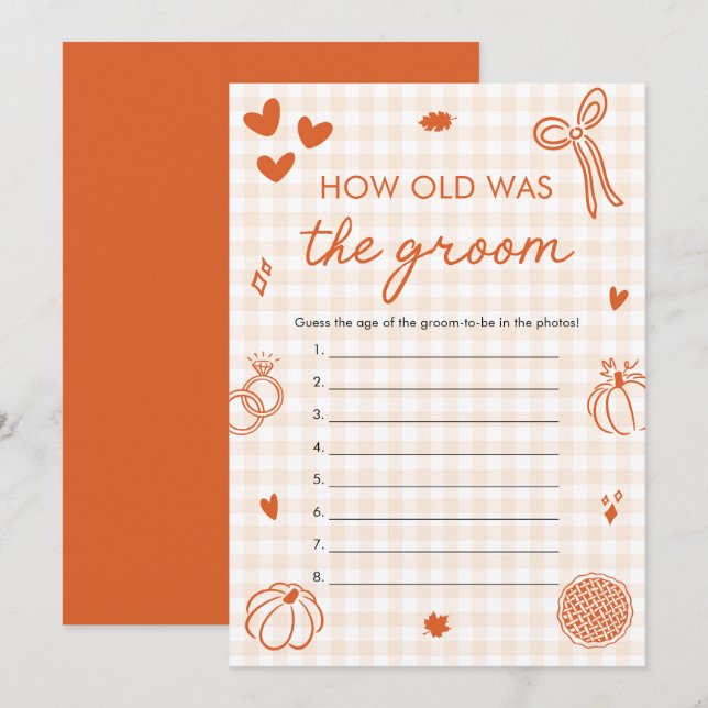Höst Orange Gingham Hur gammal var brudgummen lek Inbjudningar (Fram/baksida)