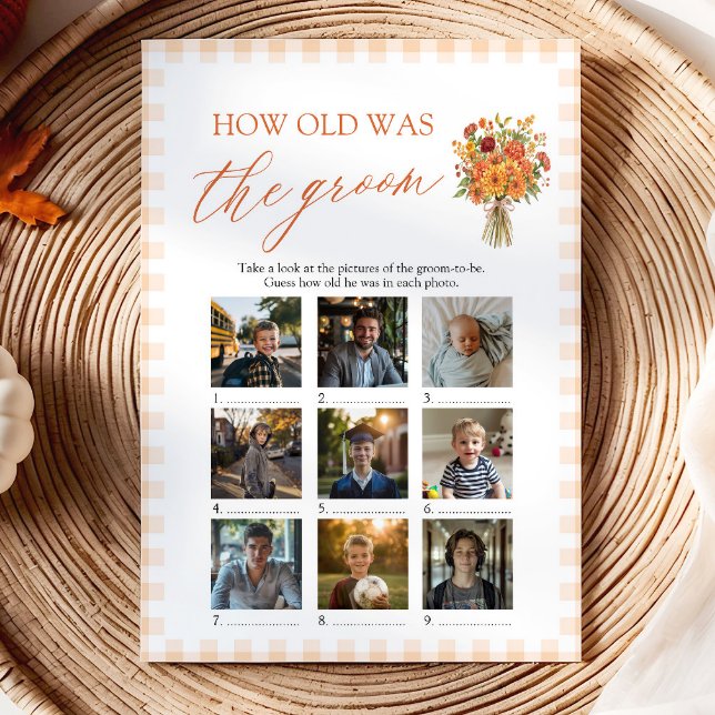 Höst Orange Gingham Hur gammal var brudgummen spel Inbjudningar (Fall How Old Was The Groom Bridal Shower Game)