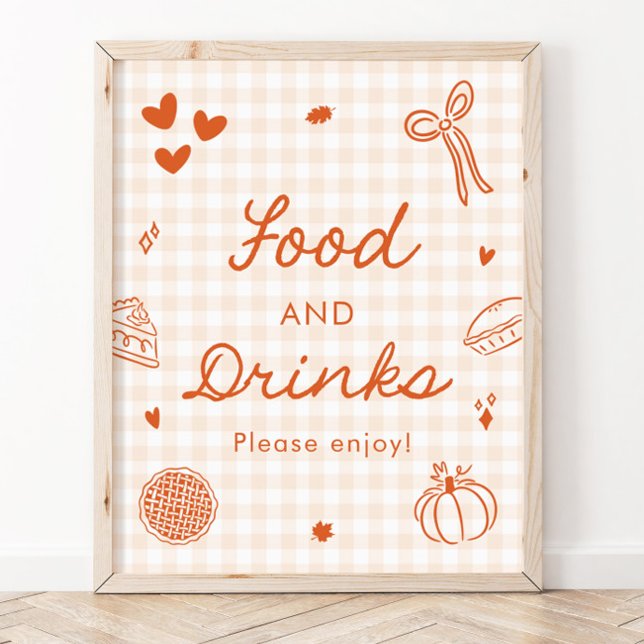 Höst Orange Gingham Sötnos Mat och Dryck Skylt (Fall Orange Gingham Cutie Pie Food and Drinks Sign)