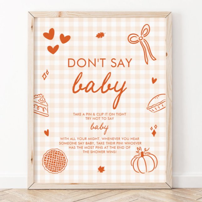 Höst Orange Gingham Sötnos Säga Inte Bebis Lek Poster (Fall Orange Gingham Cutie Pie Don't Say Baby Game Sign)
